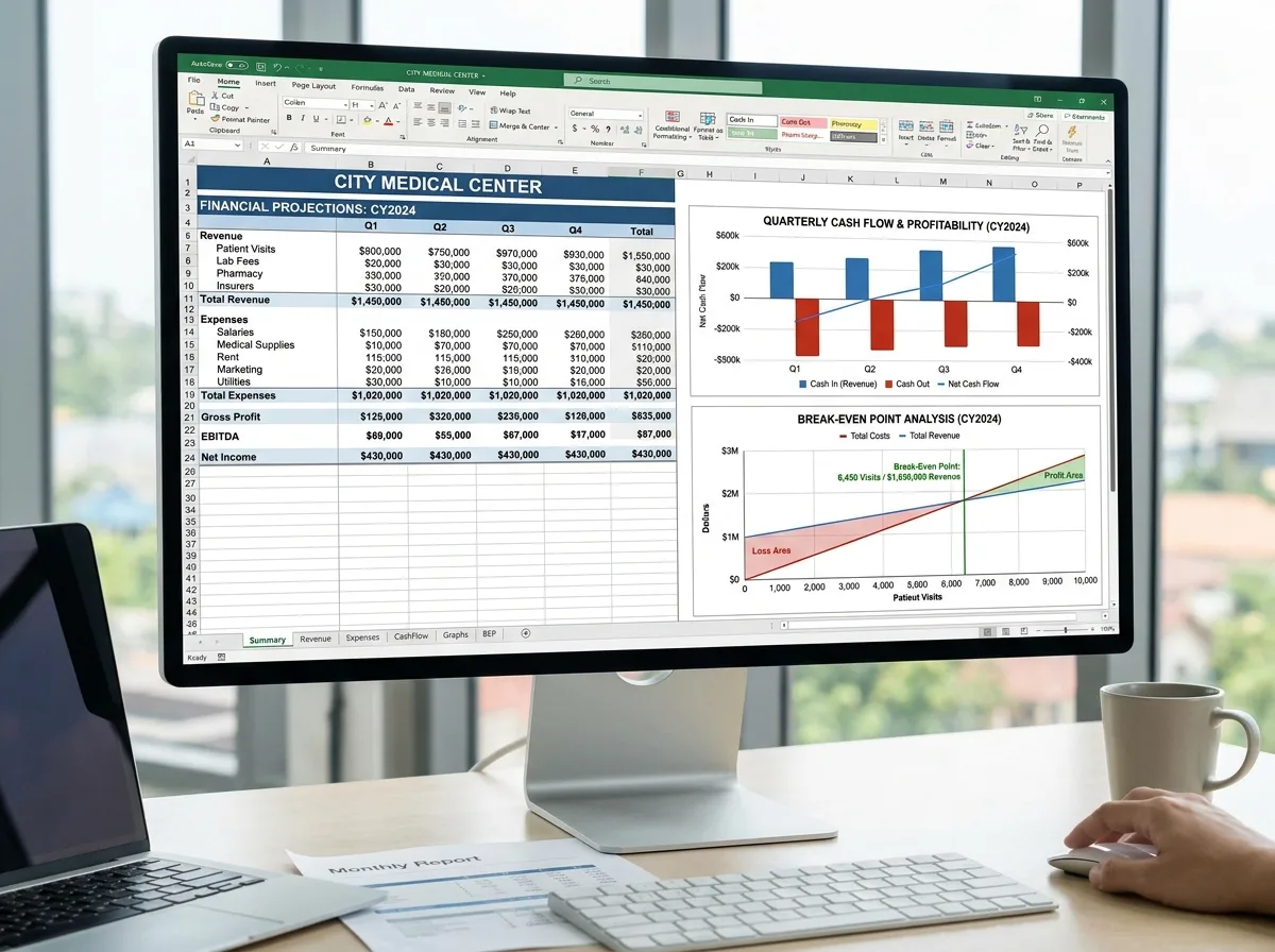 Финансовая модель медицинской организации: таблицы Excel с графиками денежных потоков, рентабельности и точкой безубыточности клиники