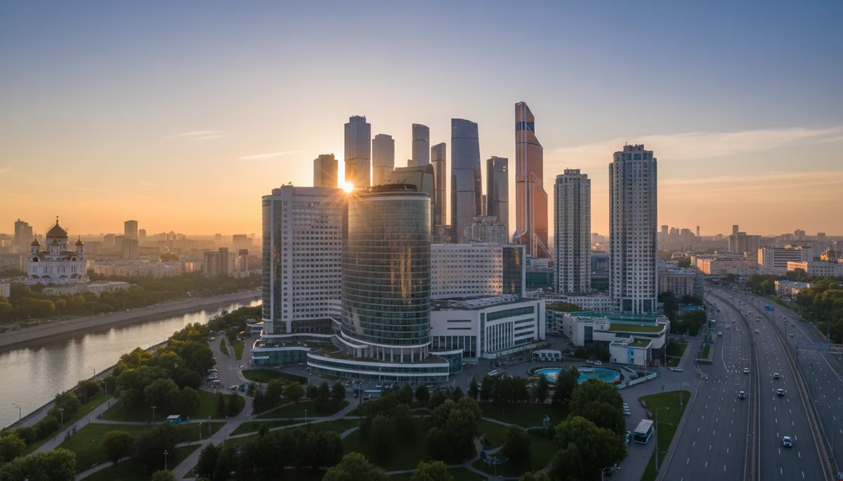 Городская панорама Москвы, здание медицинского учреждения, утренний свет