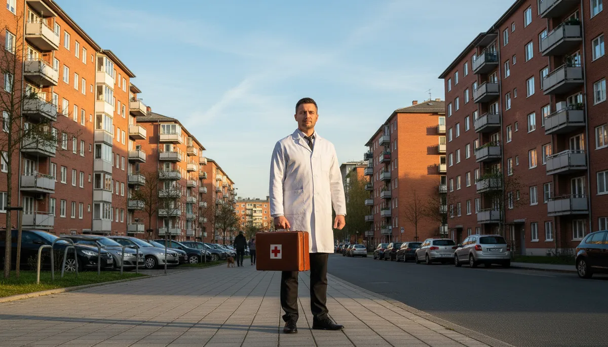 Врач-нарколог с медицинским чемоданом, жилой район, многоэтажные дома, утреннее освещение