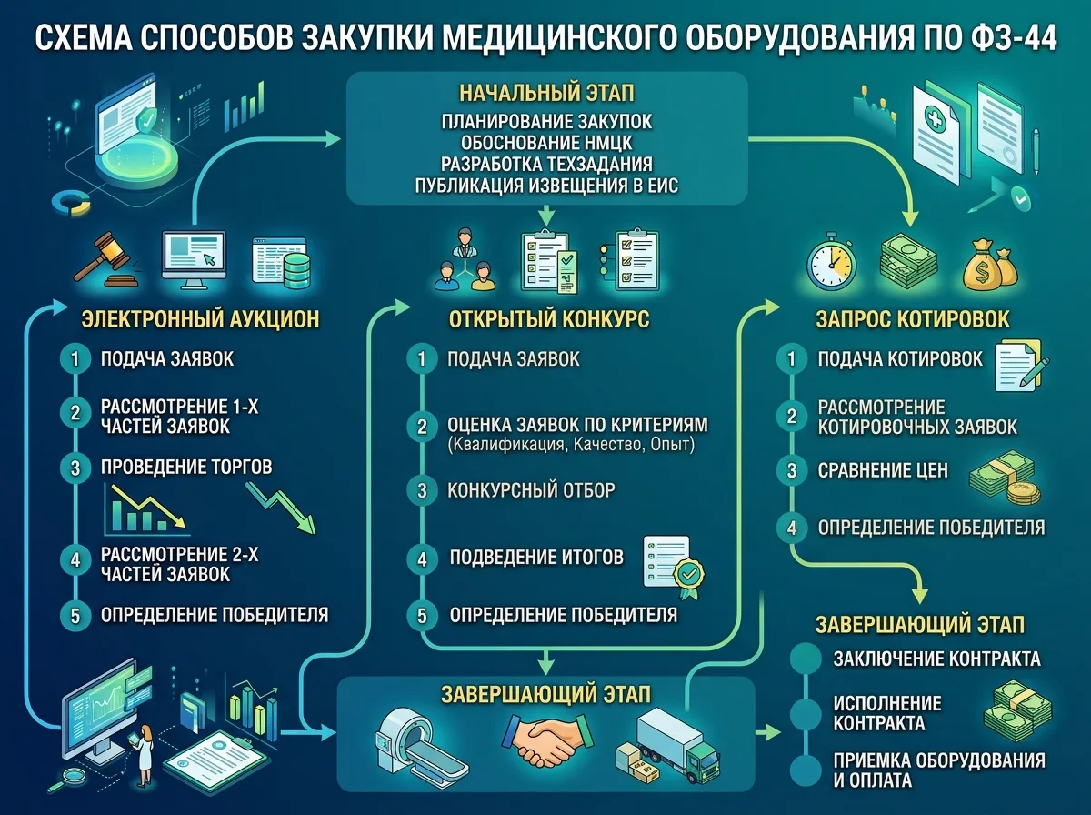 Схема способов закупки медицинского оборудования по 44-ФЗ: электронный аукцион, конкурс, запрос котировок
